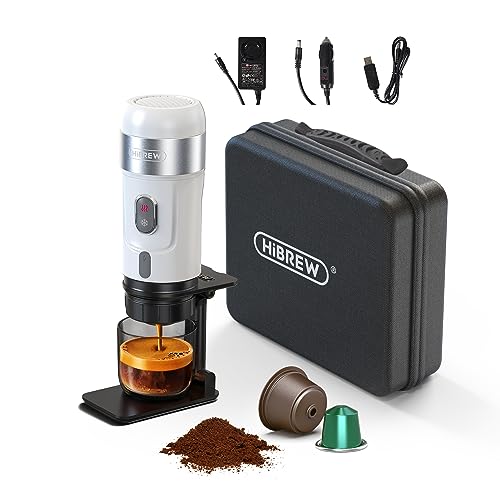 HiBREW H4A Cafetera espresso portátil, Máquina de café multicápsulas compatible con cápsulas Nes* OriginalLine, DG* y café molido, cafetera eléctrica 12V, 15 bares de presión, con bolsa y soporte