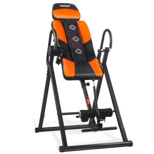 Advanced Heat and Massage Strength Training Inversion Table for Back Pain Relief,Heavy Duty Inversion Table 350 lbs Capacity with Wider and Thickened Backrest, Orange/Black