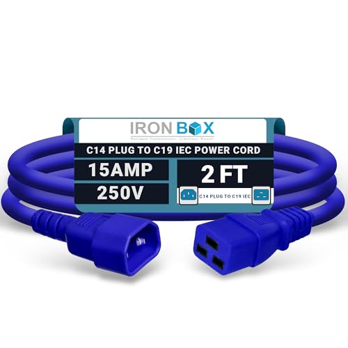 Image of IronBox Electric - Heavy-Duty C14 to C19 Power Cord, 15A, 250V, 14 /3 SJT - IEC60320 PC Cable for Computer Extensions, Monitor, PSU - C14 Male to C19 Female Connector Power Cable - (Blue 2 Foot)