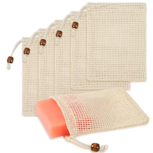 Alaoo Seifensäckchen Bio 6er Set, Seifenbeute Natur, Seifensäckchen Sisal, Aufschäumen und Trocknen der Seife für festes Shampoo & festes Duschgel Seifenreste Feste Seife