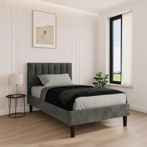 Image of Wooden Upholstered Bed Single Size Without Storage | Wrought Iron Single Size Cot with Headboard | Upholstered Bed for Bedroom | Palang Furniture for, Living Room, Grey Finish, (Grey Finish)