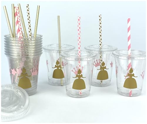 Pink & Gold Princess Disposable Plastic Cups, Lids, Paper Straws, Once Upon a Time Birthday Party Supplies, Set of 12