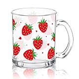 FYSUIMU Strawberry Glass Coffee Mugs with Handle Lovely Strawberry Coffee Cups Summer Beverage Mugs for Hot Cold Drinks Women Friend Party Favors
