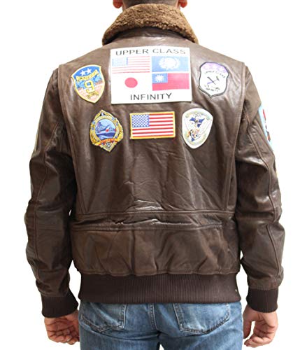 Mens Brown Leather Badges Top Gun Style Maverick Bomber Jacket with Sheepskin Collar.3
