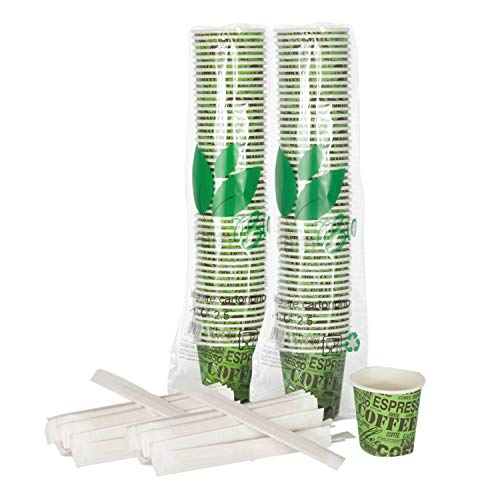 Bioaiks 100 vasos de café de papel y paletas de madera – biodegradables y compostables – 75 ml (verde)