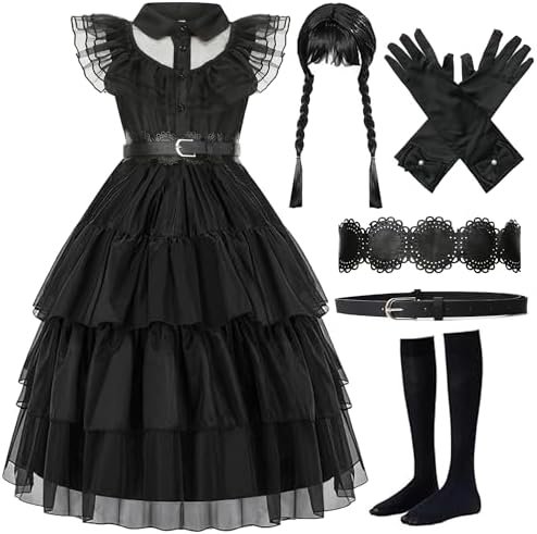 Girls Black Princess Halloween Costume Halloween Dress Up Cosplay Party Outfit for Girls Kids with Wig Belts Golves