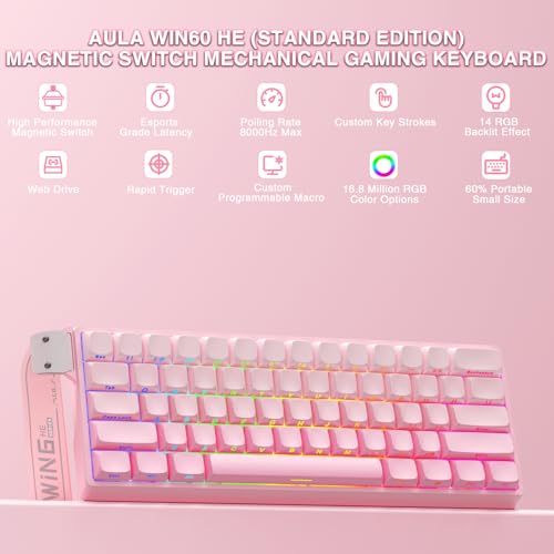 Image of Aula WIN60 HE - 60% Mechanical Gaming Keyboard Wired, Hall Effect Magnetic Switch Hot Swappable,8000 Hz Polling Rate, RGB Keyboard 60 Percent Compact Design for PC (Gradient Pink)
