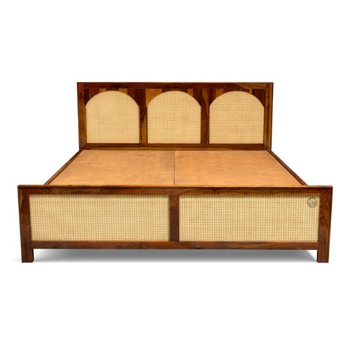 Image of SHRI MINTU'S ART Wooden Cane Bed Frame with Rattan Panels | Solid Wood Platform with Arched Headboard and Footboard | Bedroom Furniture Bed Structure for Mattress Support | (72x78) Inch King Size Bed