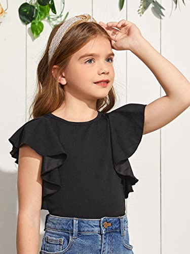 Shein Girl's Cute Ruffle Cap Sleeve Blouses Casual Round Neck Solid Tee Shirt Tops Black 11-12Y #TOP3