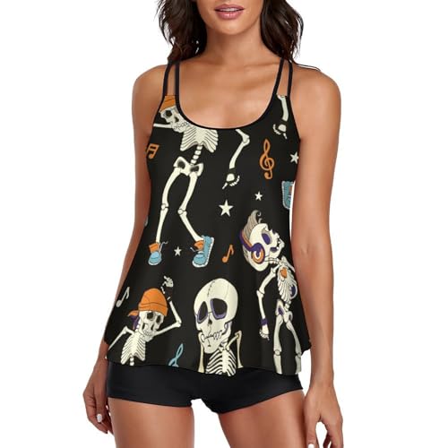 Maillot de bain tankini original avec robe de plage et short de garçon motif musique squelette