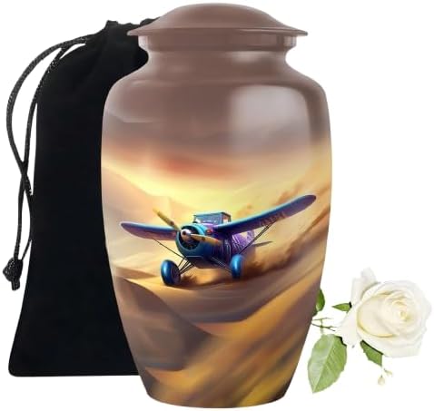 Vintage Airplane Cremation Urn, Adult Memorial Urn with Velvet Bag, Decorative Aviation Design