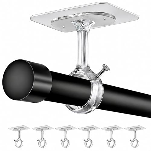 BYSHEGET 6 Stück Gardinenstangenhalter ohne Bohren, Gardinenstangenhalter zum Kleben & Schrauben für Decke & Wand, Passend fürØ20-32 mm, Ideal für Badezimmer, Fenster, Schrank (Transparent)