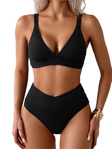 Sexy Ribbed Bikini Set 2 Piece Womens High Waisted V-Cut Cheeky High Leg Tummy Control Longline Swimsuit