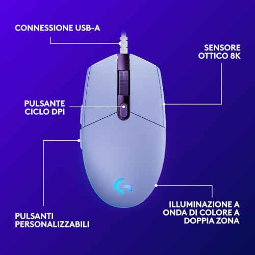 G203 LIGHTSYNC Mouse Gaming con Illuminazione RGB, Personalizzabile, 6 Pulsanti Programmabili, Sensore per Gaming, Tracciamento a 8000 DPI, Peso Ridotto - Lilla - Mouse gaming - Immagine 6