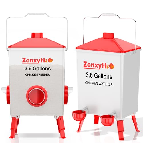 ZenxyHoC 3.6 Gallons Chicken Feeder and Waterer Set with Adjustable Legs and Anti Roost Cone