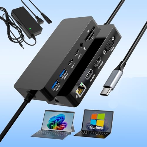 Microsoft Surface Dock Quadruple Displays HDMI+DP+USBC with 120W Power Adapter, 12 in 1 Surface Pro Docking Station for Surface Pro 11/10/9/8/X/7/6/5/ USB C USB3.0 Multi Card Reader Hub (HDMI+VGA)