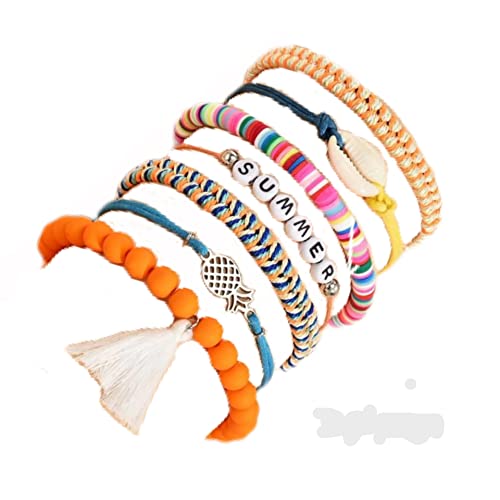 Image of pulsera brazalete veraniego surfista de cuentas y trenzas multipack, coorido, juvenil,mujer, naraja y azul