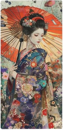 フェイスタオル 薄手 傘を保持している伝統的な服を着た美しい女性 タオル 吸水 速乾 ふわふわ 柔らか肌触り 美しい日本の芸者 魅力的な花 フェイシャルタオル 洗顔タオル 大判 家庭用、ホテル、業務用、スポーツなどにも最適 四季通用 73x35cm