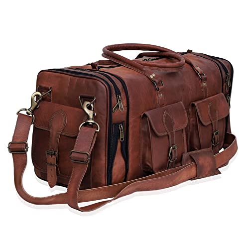 Weekender Leather Duffel Bag Overnight Women Men Girls Boys Vintage Travel Duffle with Shoulder Strap Carry On Sports Gym 20 Inch Handmade Leather Luggage Carryall Cool Gifts for Him by Cureo
