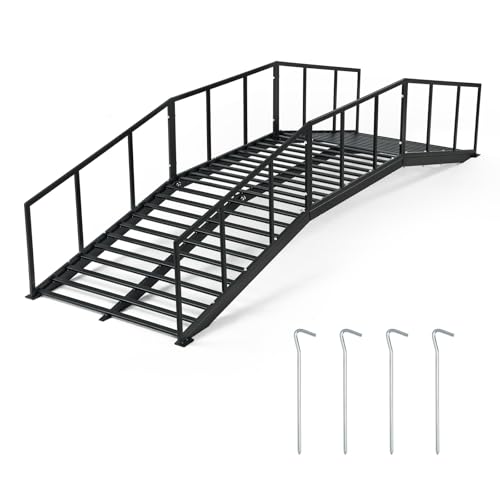 OLBRUS Metal Garden Bridge 8 FT with 4 Ground Stakes 770 lbs Capacity Black Powder Coated Footbridge for Backyard Lawn Creek Stream & Garden Decor