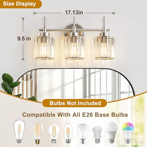 Image of EJIAXIN 3 Light Crystal Bathroom Light Fixtures, Brushed Nickel Vanity Mirror Lights, Crystal Bath Vintage Wall Mounted Lamps Wall Light Fixtures for Bathroom, Living Room