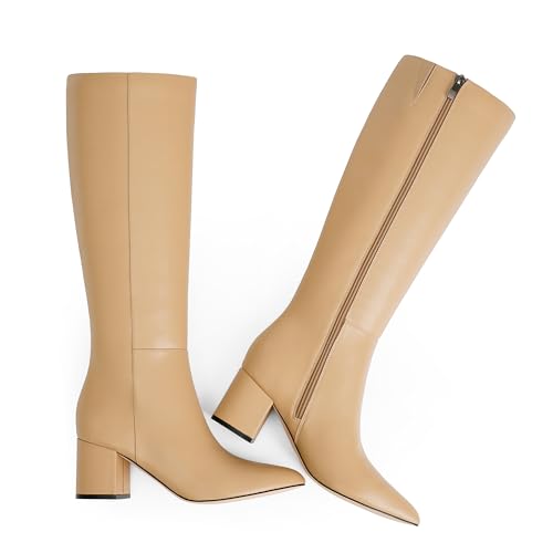 Image of Easyfox Nude Womens Tall Boots Knee High Leather Boot Womens Knee High Nude Boots Chunky Heel Long Pointed Toe Fall Boot Size 10