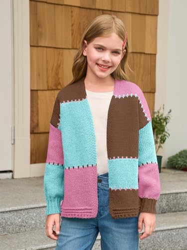 Haloumoning Girls Color Block Cardigan Sweaters Kids Chunky Open Front Knitted Sweater 5-14 Years2