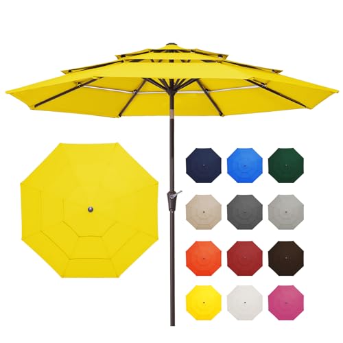 Image of JEAREY 9FT 3 Tier Patio Umbrella Outdoor Market Umbrella Table Umbrellas with 8 Ribs 1.5 Pole Push Button Tilt and Crank UV Protection for Garden,Backyard,Yellow