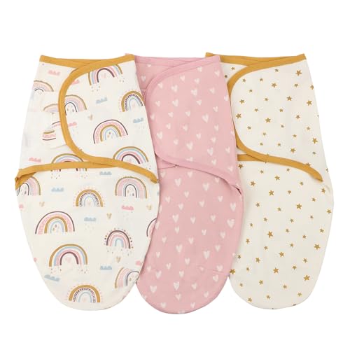 Image of insular Baby Swaddle Wrap, Swaddle Blanket for Newborn and Infant, Adjustable Swaddling Set for Boy and Girl, Soft Cotton Baby Sleep Sack 3 Pack, Rainbow&Pink Love, Medium(3-6 Month)