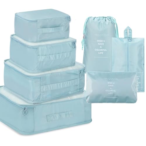 Image of 7 Pcs Foldable Luggage and Laundry Bag Pouch Waterproof Travel Toiletry Organizer Garment Storage Bag Portable Packing Cubes Storage Bag (SKY BLUE)
