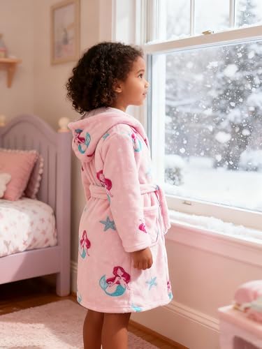 Image of Girls Fleece Hooded Robes, Warm Printed Bath Robe for Kids Soft Fuzzy Bathrobe for Gifts