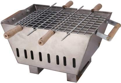 Kitchen Mate Charcoal Barbeque Grillz, Stainless Steel Body, 4 Skewers with Wooden Handle and 1 Pcs Safety Grill Gloves, 1 Packet Charcoal