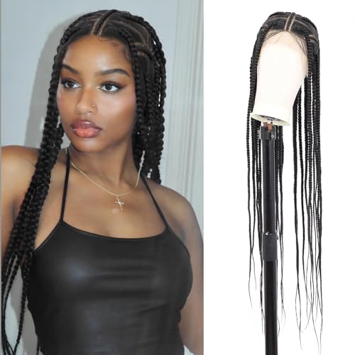 Kalyss 37" Knotless Box Braided Wig for Women Large Square Braided Lace Front Wigs Black Knotless Box Braid Wig Full Double Lace Godess Braids Wig with Baby Hair