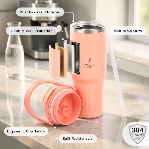 Image of FLAIR Vibe Vacuum Insulated Tumbler 750 ml Peach| 2-in-1 Lid (Straw & Sip) | 304 Stainless Steel | Leak-Proof Travel Mug with Handle | Hot & Cold | BPA-Free