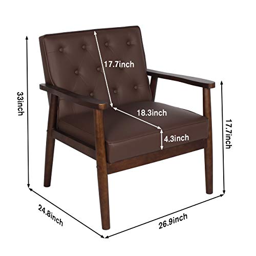 Jiasting Mid-Century Retro Modern Solid Wood Armrest Accent Chair, Faux Leather Tufted Back Upholstered Lounge Chairs, Living Room Furniture (Brown 8325) #TOP1