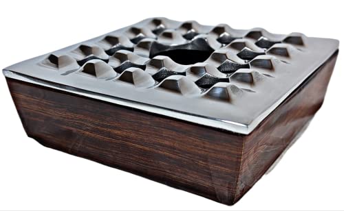 Ashtray With Lid For Cigar, Metallic Wood Design, Windproof Ashtrays For Home Office Tabletop Outside Patio Outdoor Balcony (7.0"X7.0"X2.5") (Silver) #TOP8