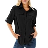 Toumett Women's UPF 50 Long Sleeve UV Sun Protection Safari Shirts Outdoor Quick Dry Fishing Hiking Travel Shirts(5071,Black,L)