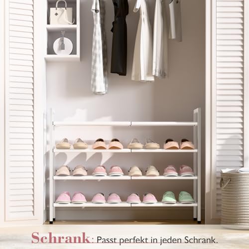 Image of Bumusty 4-Tier Expandable Shoe Rack for Closet, 18 inch-33 inch Adjustable Shoe Rack for Small Space, Small Shoe Organizer for Front Door, Sturdy Metal, White