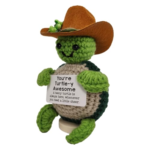 YiLUAN Mini Funny Positive Turtle Crochet Animals with Stand- Emotional Support Plush Positive Animal Elephant Gifts for Girls Women Funny Handmade Christmas Birthday Gifts