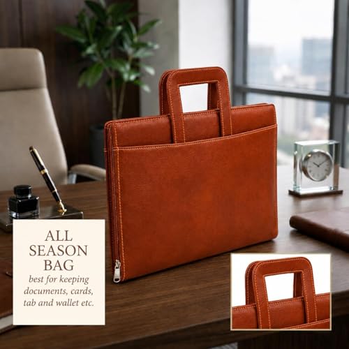 Image of STREPE ZK TAN Leather File Organizer Bag with Handle, Zipper Portfolio Folder for Documents, Certificates, Cards & Tablet, Office Business Travel Case for Men & Women
