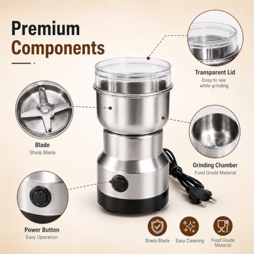Image of KRESHU Electric Stainless Steel Spice Grinder, Multifunction Coffee Masala Grinder Machine with Sharp Blades, Dry Herbs Nuts Seeds Grain Grinder for Kitchen, Compact Mixer Grinder