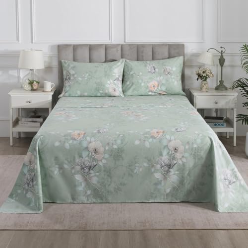 Image of Sage Green Floral Percale Sheets California King Deep Pocket, 4Pcs
