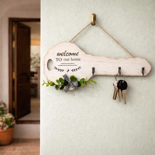 Image of CraftVatika Wooden Key Holder for Wall with 3 Hooks, Key Shape Wall Hanging Organizer Rack, Decorative Entryway Holder for Home Entrance, Wall Mounted Stand, Housewarming Gift, Home Decor Items
