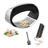 Garlic Press Rocker, Stainless Steel Garlic Mincer Crusher Set-with Ergonomic Handle, Silicone Garlic Peeler and Brush