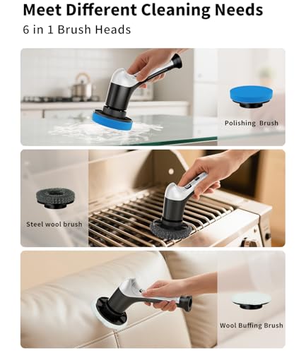 Image of Electric Spin Scrubber, Cordless Household Cleaning Brush with 6 Replaceable Heads, 3 Speeds, LED Display, Lightweight Handheld Power Scrubber for Cleaning Stove /Bowl /Sink /Corner /Tile /Grout-Black