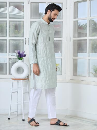 Image of See Designs Men's Full Sleeve Mandarin Collar Sequins Embroidered Straight Long Kurta - Festive Collection
