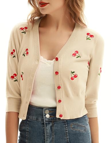 Image of Belle Poque Women's 3 /4 Sleeve V-Neck Button Down Cherries Embroidery Cropped Cardigan Sweater Coat