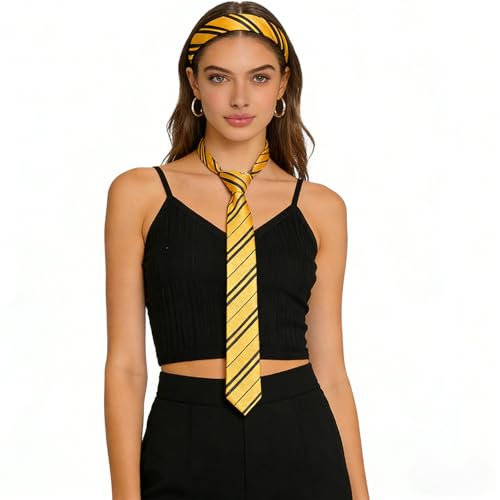 Huatsing 2 Pcs Yellow & Black Striped Wizard Cosplay Tie & Headband Set - Adult Themed Party Costume Accessory