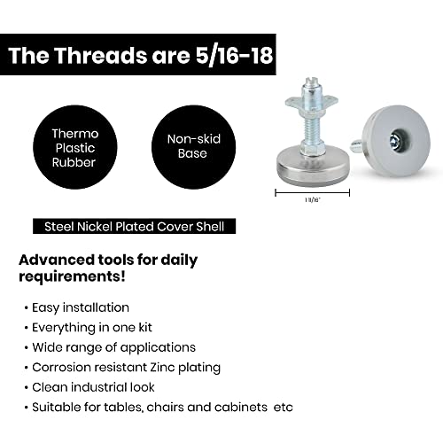 Impromech Heavy-Duty Non-Skid Leg Leveller Tables & Chairs Leveling Feet|Height Adjustable Jam Nuts & 4 Prong T-Nuts|1-11/16 Inch Non-Skid Based Table Legs & 3/8-16 Thread Length-(Set Of 4) #TOP4