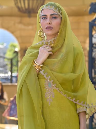 Image of INDO ERA Women's Silk Blend Embroidered Straight Kurta and Pant with Dupatta Set (KH9BK6210)